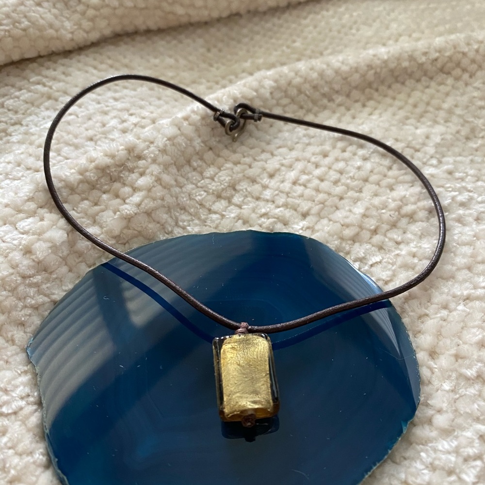 Gold Glass Pendant With Leather Chain